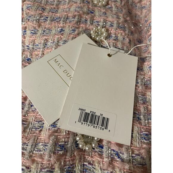 Mac Duggal Medium Pink Boucle Cap Sleeve Floral Button Detail Shift Dress NEW - Picture 11 of 13